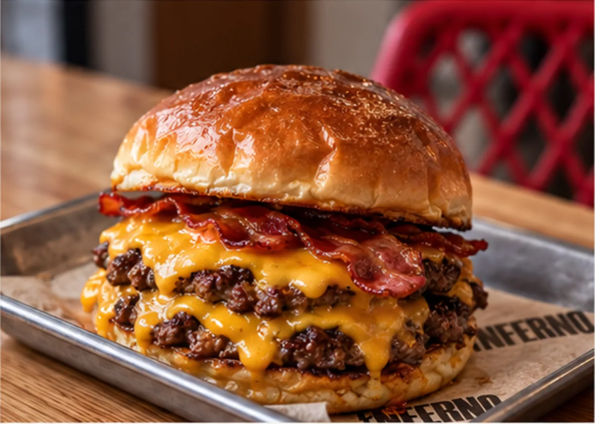 Hamburguesa dobre con bacon e queixo cheddar nunha bandexa de INFERNO