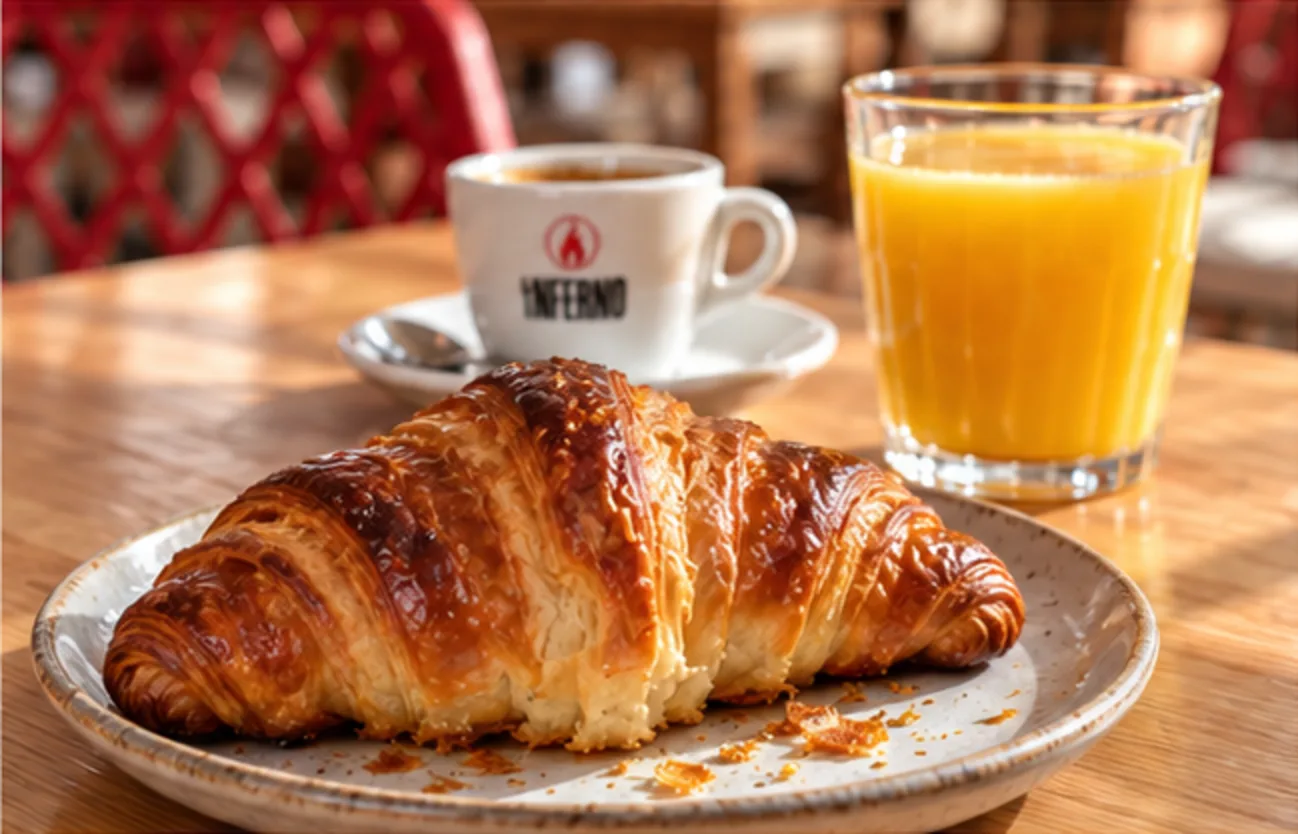 Croissant á prancha cun café e un zume de laranxa